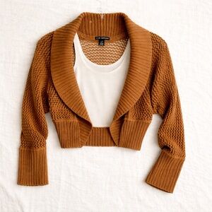 Club Monaco Cropped Shawl Collar Cardigan Brown Open Knit Sweater Size Medium